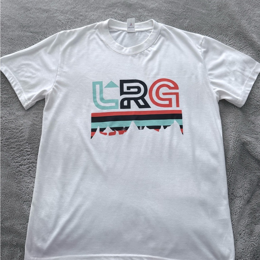 LRG White Short-Sleeve Tee with Mint, Black & Coral Logo